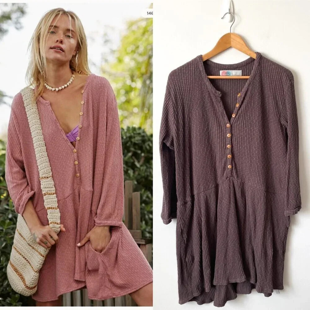 Free People Purple Gray Waffle Knit Mini Dress